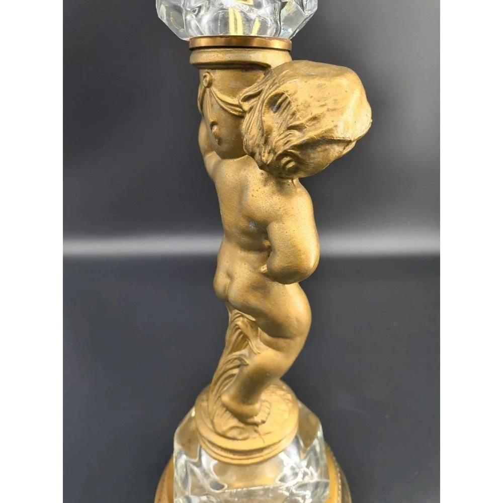 Vintage 1950s Hollywood Regency Cherub Boudoir Lamp Glass Crystal Gilt Mixed...